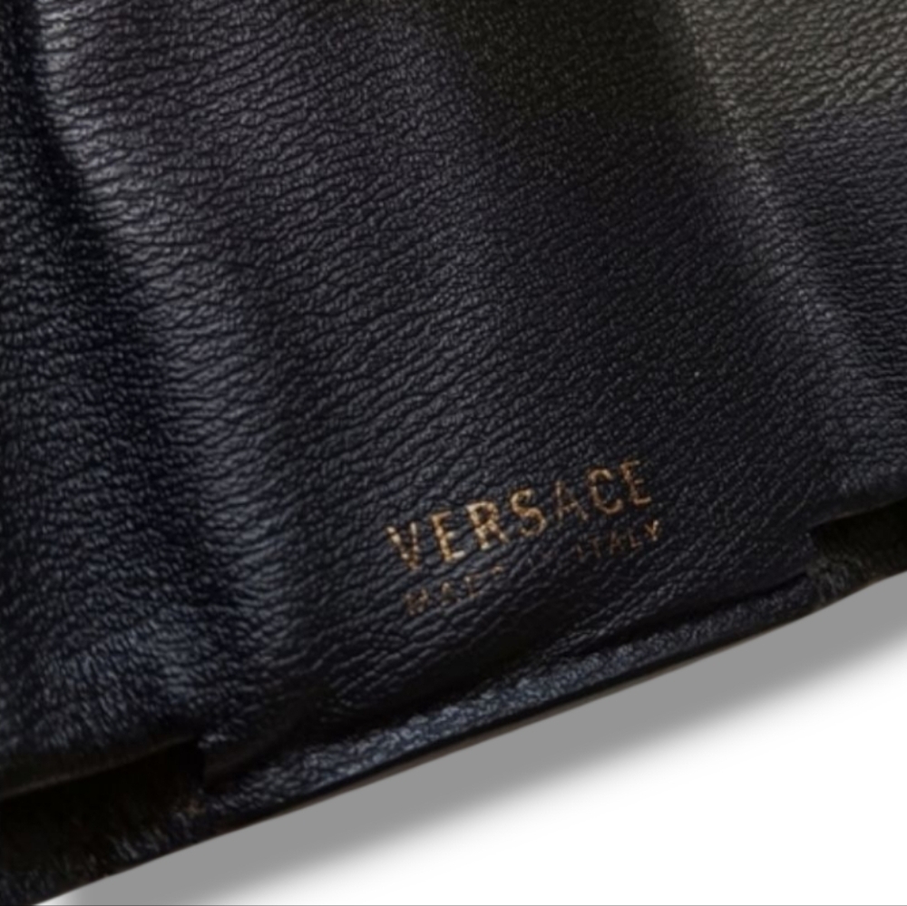 Versace Unisex Mini Trifold Black Leather Wallet with Gold Medusa Logo - Picture 9 of 12